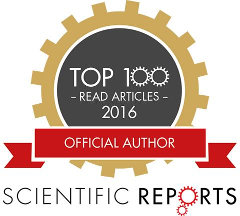 Contains the text "Top 100 Read Articles 2016 - Official Author - Scientific Reports"