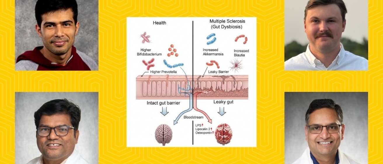 A collage of Mangalam lab members and a diagram from the article described in the news item